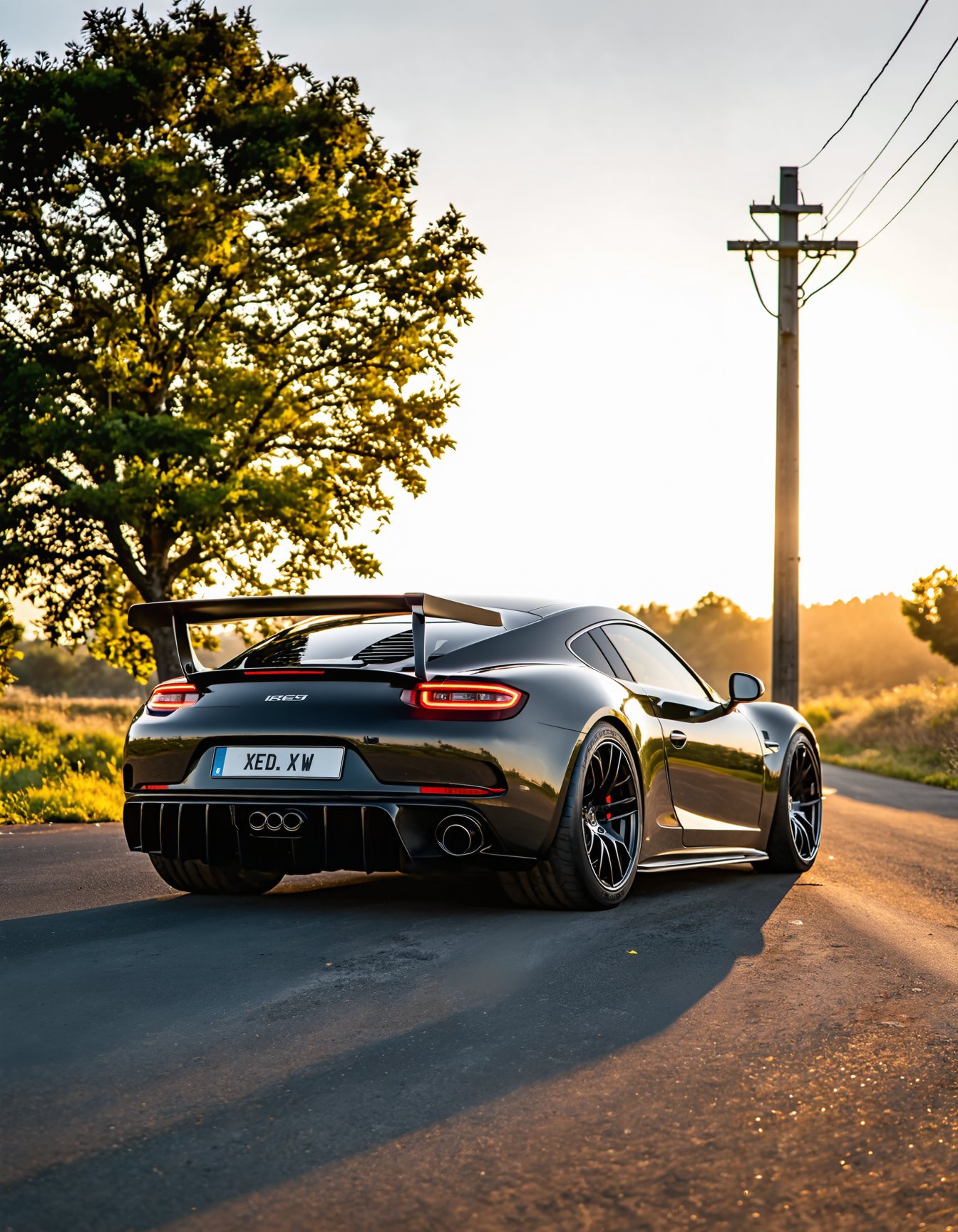 (best quality,8K,highres,masterpiece), ultra-detailed, outdoors, sky, tree, no humans, shadow, motor vehicle, sunset, car, road, vehicle focus, power lines, utility pole, sports car, spoiler (automobile), modern_style_boost_v1_slider_sd3m.safetensors