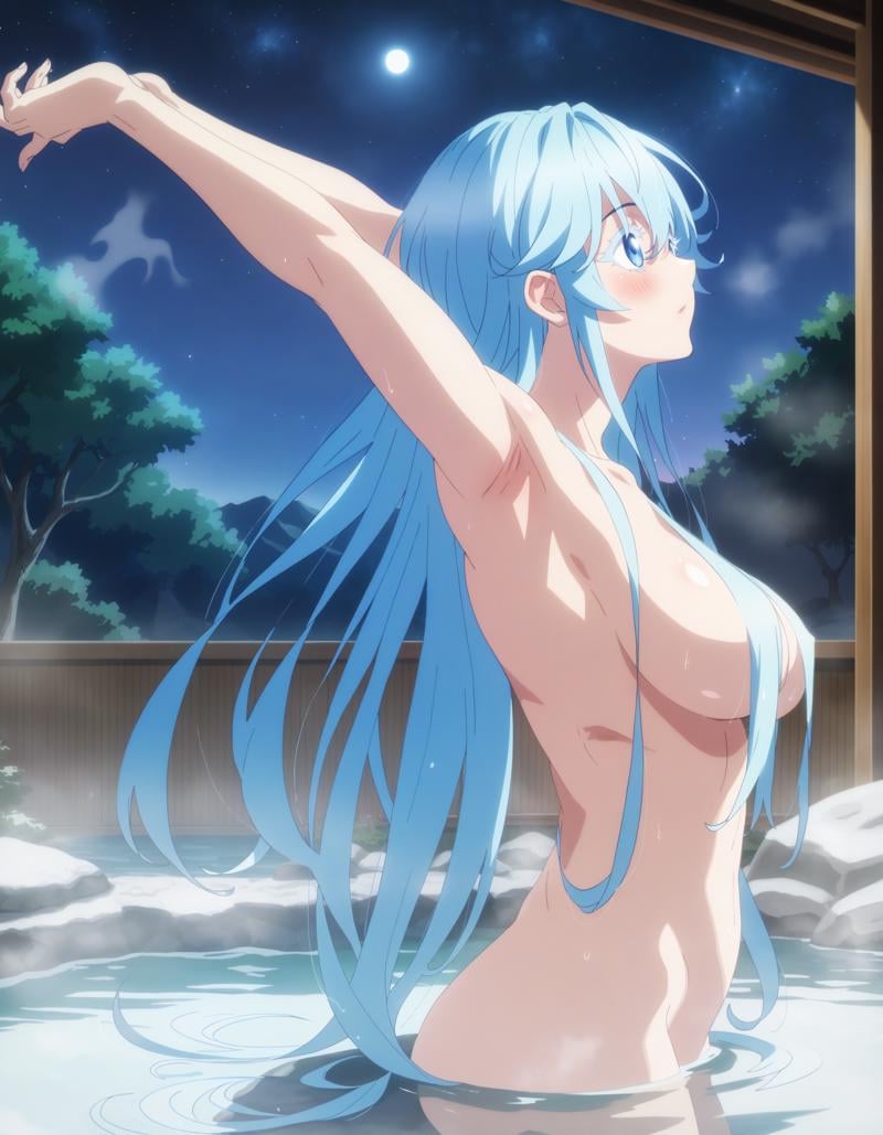 anime screencap, score_9, score_7_upBREAKelfaria_olis, 1girl, solo, light blue hair, long hair, colored eyelashes, blue eyes, blush, partially submerged, from side, (hair censor, hair over breasts:1.1), sideboob, head back, arms up, stretching, looking upBREAKonsen, steam, ripples, night sky, starry sky, night, sky<lora:elfaria_Wistoria_ponyxl_v1_char:1> <lora:elfaria_Wistoria_ponyxl_v1_style:1>