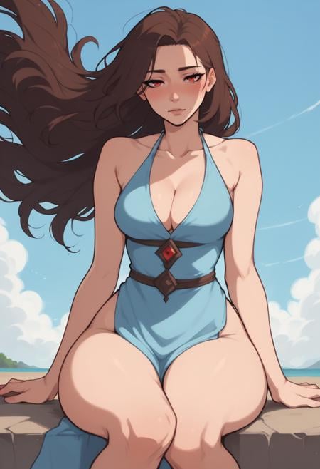 score_8_up, woman, dress, red eyes, blue sky, brown hair, cleavage, collarbone, day, dress, halterneck, long hair, looking at viewer, pelvic curtain, sitting, sky, solo, thighs, wide hips, wind, spread legs, gynomorph, seductive, suggestive, blush, half-erect, tenting, teasing, half-closed eyes, 