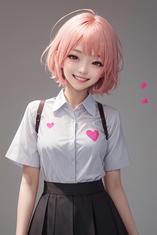 masterpiece,best quality,upper body,1girl,collared_shirt and flared_skirt as material3,色彩,chalk \(medium\),trim marks,heart ahoge,small breasts,+ +,grin,sideways