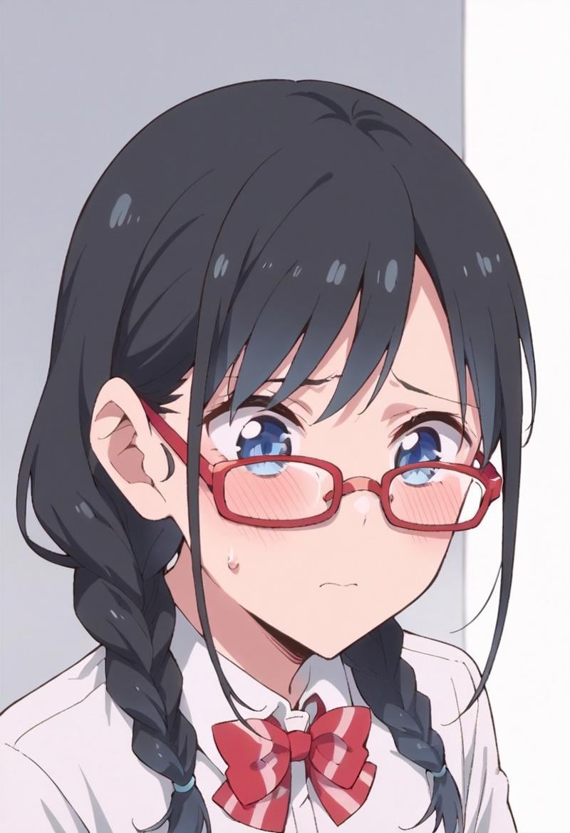 score_9, score_8_up, score_7_up, source_anime,nanakura rin, black hair, blue eyes, long hair, 1girl, glasses, solo, braid, blush, school uniform, twin braids, red-framed eyewear, jimiko, bow, bowtie, sweatdrop