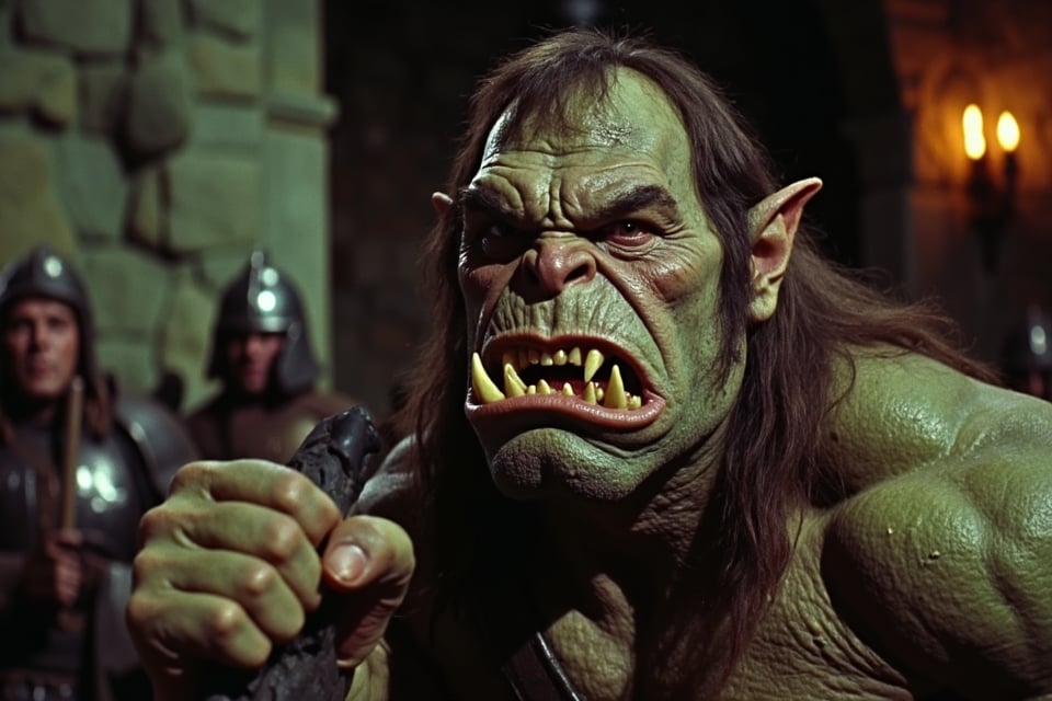 vntgfnts style, low quality 1980 movie screengrab, lowres, dvd compression, cinematic, film grain, blurry, close-up of a menacing orc with a fierce expression and sharp teeth. The creature's skin is rough and textured with deep wrinkles and creases and it has long unkempt hair. The color palette is dominated by earthy tones with shades of green brown and gray. The creature's eyes are intense and focused and its mouth is wide open revealing sharp yellow teeth. The creature is holding a large dark object possibly a weapon in its hand. In the background there are blurred figures possibly soldiers or warriors with one of them appearing to be observing the creature. The scene is set in a dimly lit stone-walled environment possibly a temple or a forest with a warm glowing light source illuminating the scene. <lora:sxz-Vintage-Fantasy-Flux:1>