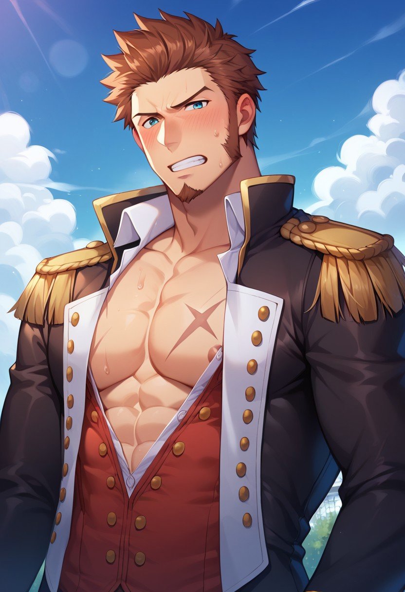 score_9, score_8_up, score_7_up, score_6_up, perfect anatomy, perfect proportions, best quality, masterpiece, high_resolution, high quality, aesthetic, absurdres, (male focus), solo male, napoleon bonaparte \(fate\), fate \(series\), fate/grand order, blue eyes, brown hair, short hair, long sideburns, facial hair, goatee, scar on chest, military uniform, napoleon bonaparte uniform\(fate\), white collared shirt, partially unbuttoned shirt, red vest, partially unbuttoned vest, black jacket, long sleeves, epaulettes, adult, mature, masculine, manly, handsome, charming, alluring, standing, upper body, (portrait, headshot, close-up:1.2), dutch angle, (blush lines, intense blushing, embarrassed, clenched teeth, sweat drop), photo background, outdoor, scenery, sky