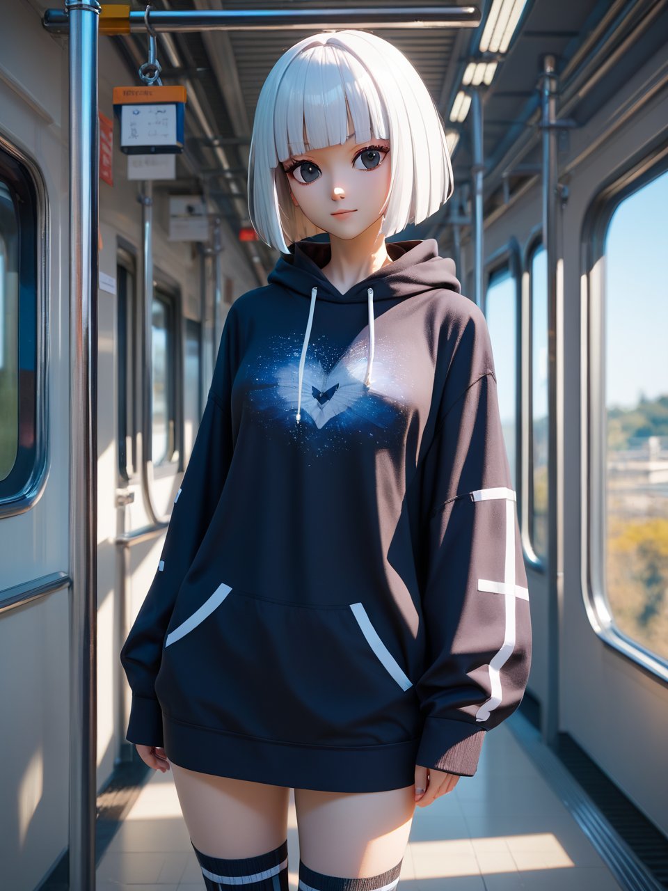 score_9,score_8_up,score_7_up,1girl,solo,white hair,short hair,hime cut,black eyes,cowboy shot,A figure embodying ethereal dark kawaii aesthetics,adorned in a pullover dress and plaid knee-high socks,stands against the bustling backdrop of an outdoor train station platform,captured in the dreamlike essence of a triple exposure photo,with the image boasting perfect eyes,hands,and body proportions,set within an immaculate composition,