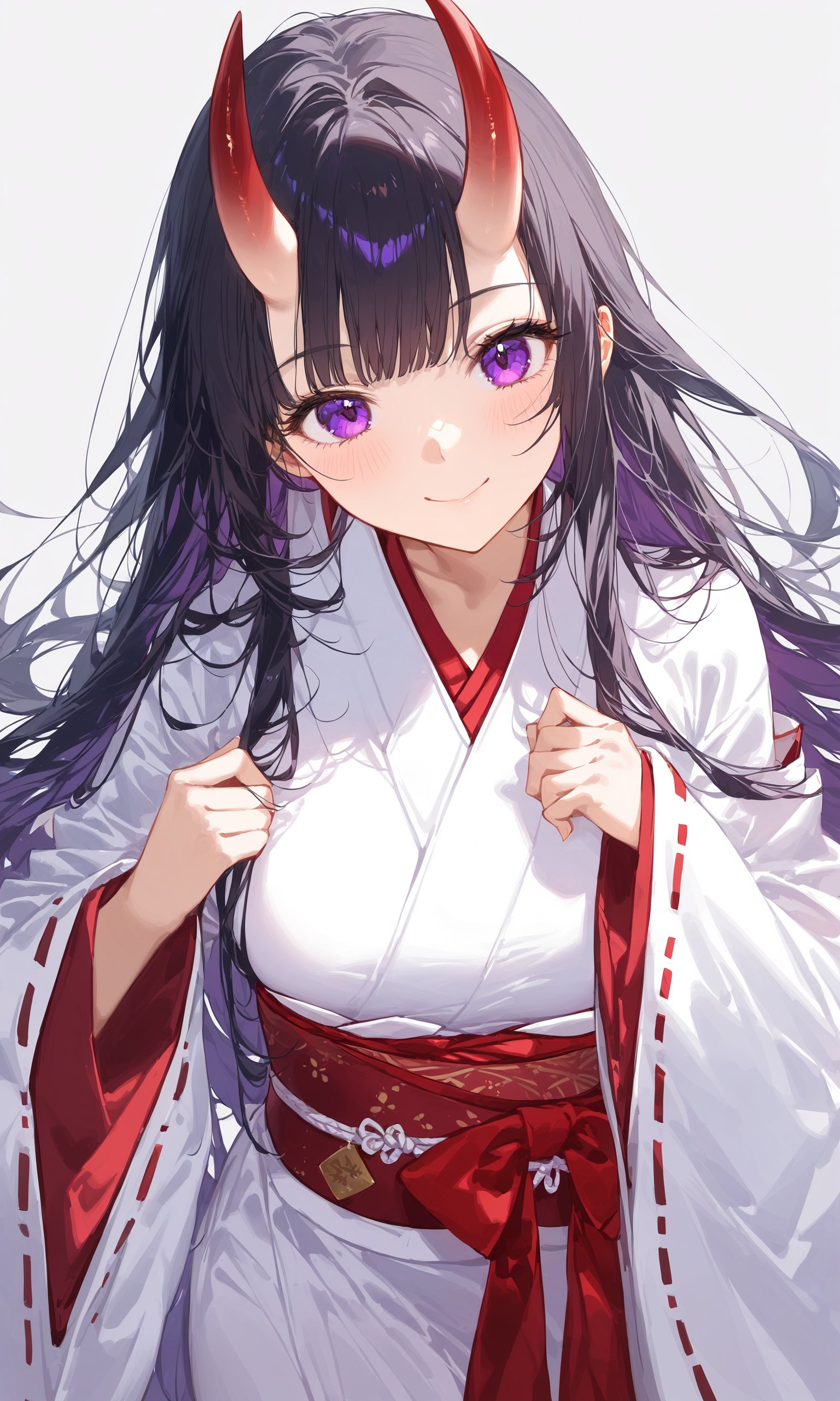 1girl, solo, long hair, smile, bangs, simple background, black hair, long sleeves, white background, very long hair, closed mouth, purple eyes, japanese clothes, horns, wide sleeves, kimono, oni horns, miko,masterpiece, best quality, score_9, score_8_up, score_7_up, ultra-detailed, Best-A, Medium-B, Low-C, Bad-D,