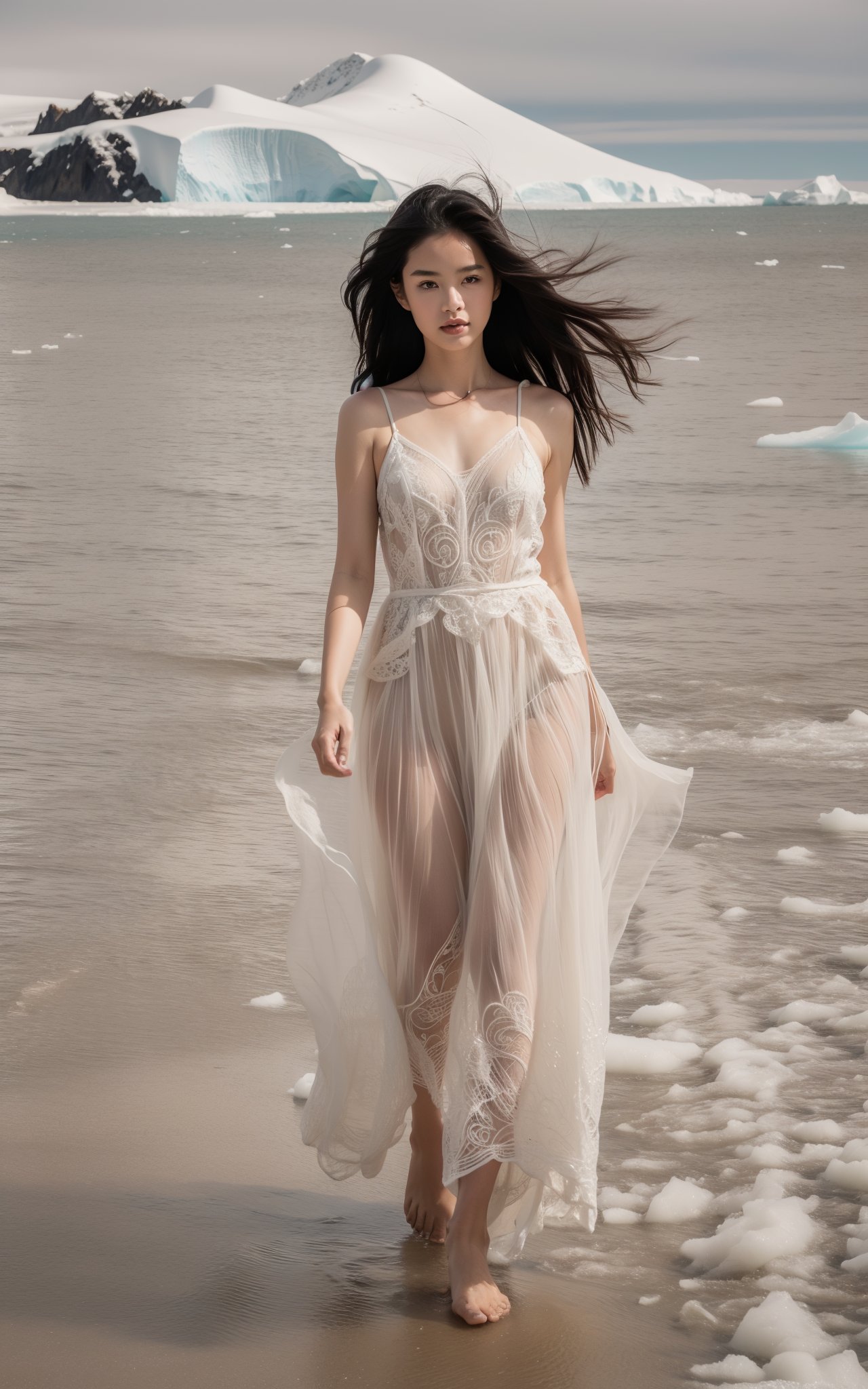 (masterpiece, top quality, best quality, official art, beautiful and aesthetic:1.2),(photoreal:1.5),upper body,photo,intricate designs,textile art,handmade details,creative expression,A girl in a long white dress walks barefoot on an Antarctic glacier