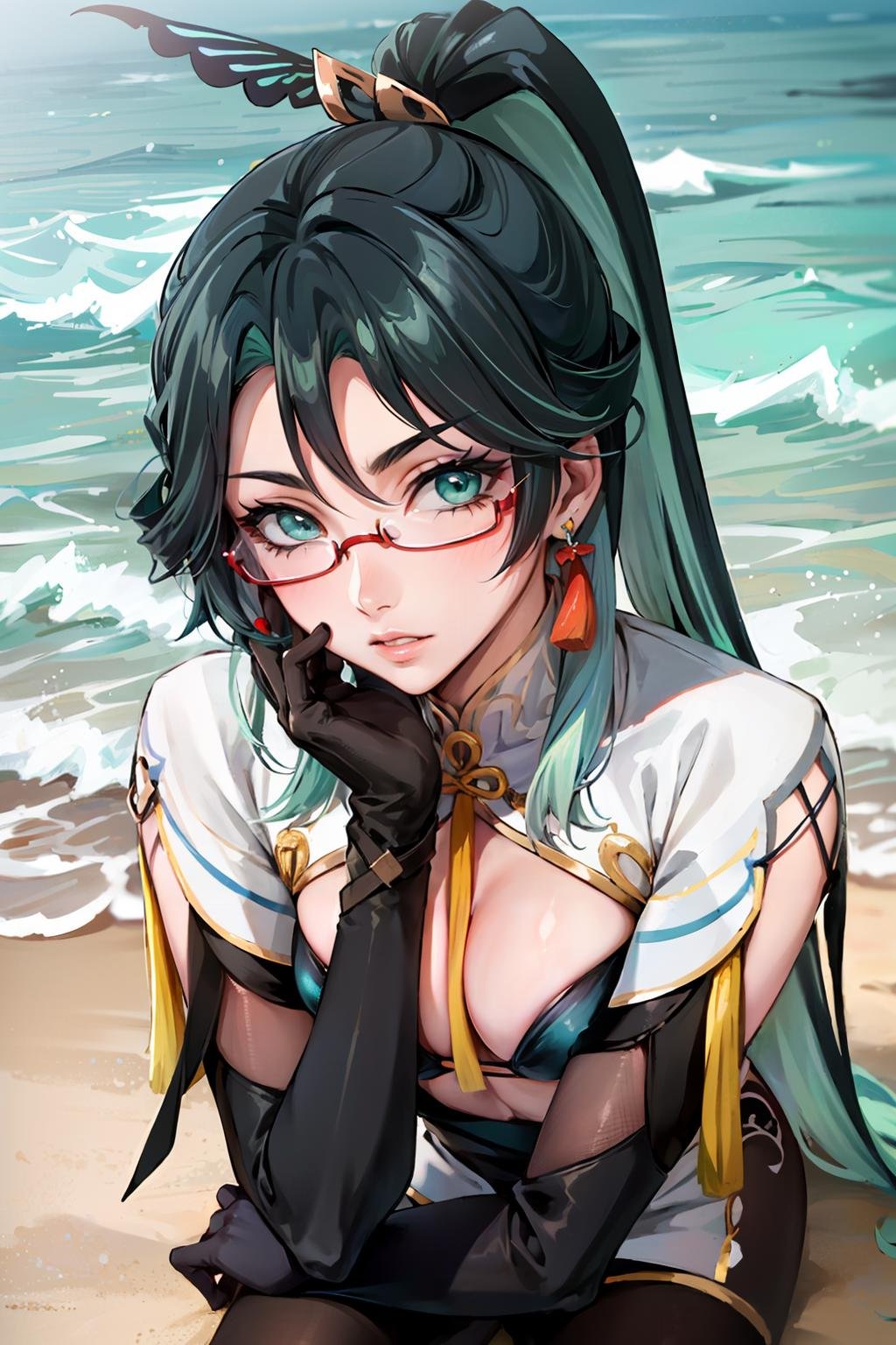 2d, masterpiece, best quality, anime, highly detailed face, perfect lighting, long hair, ponytail, multicolored hair, black hair, bangs, glasses, semi-rimless eyewear, earrings, green hair, hair ornament, jewelry, red-framed eyewear, chinese clothes, gloves, green eyes,  <lora:xianyun_lora_1-07:1>, full body, beach, bikini,