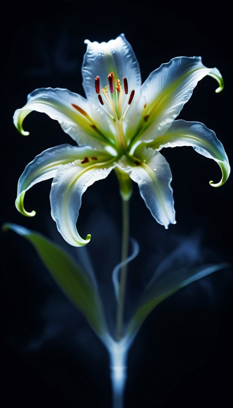 ais-ghostly single lily in the style of an X-ray,on a dark bokeh background,