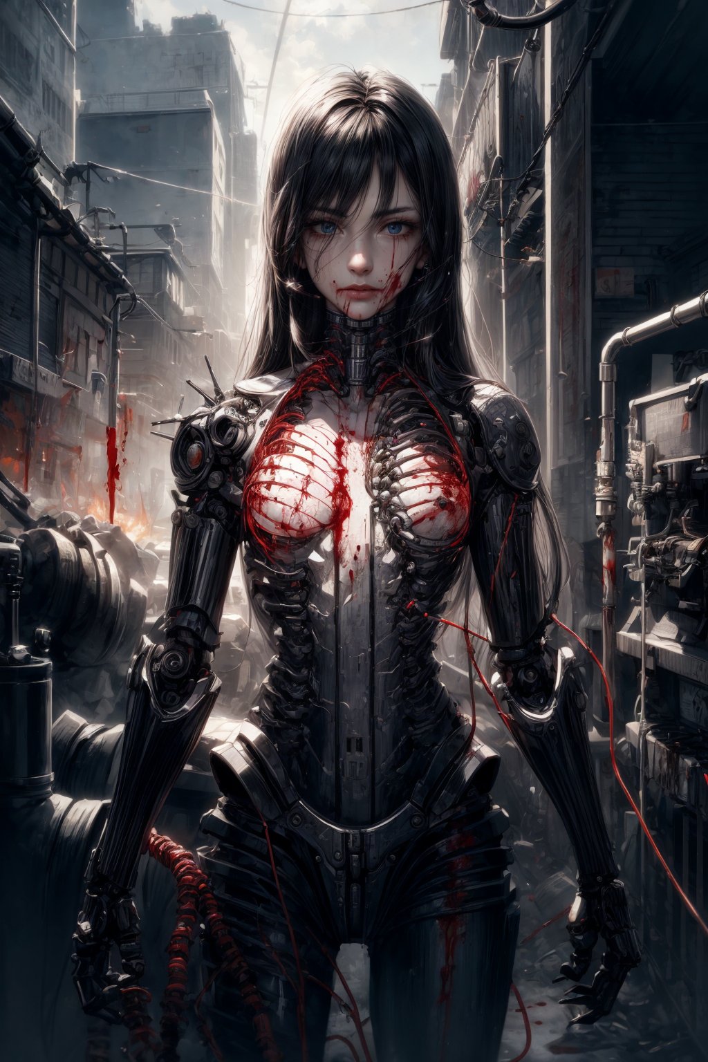 Single Female, Realistic, Cinematic Live Action, Solo, Staring at Viewer, Very Long Black Hair, White Hair, Bangs, Random Eye Color, Standing, Cowboy Shot, Shiny, (Detailed Mechanical Pipes), Wiring (Mechanical Joints: 1.2), (Mechanical Limbs)), (Blood Vessels Connected to Tubes), (Mechanical Spine Connected to Back), (Mechanical Cervical Spine Connected to Neck)), Emotionless, (Wires and Cables Connected to Neck: 1.2), (Wires and Cables Over Head: 1.2)(Focus on Character), Sci-Fi, Highly Detailed, Colorful, Most Detailed Joints, Mechanical, Sci-Fi, Android, Joints, Cables, Mechanical Arm, Mechanical Parts, Wires, Tubes, Spine, Change Pose, Change Cityscape, Burning House and Partially Destroyed City Edo Period in Background, Additional Details, Mechanical Pipe Wiring<lora:EMS-179-EMS:0.500000>, <lora:EMS-1093-EMS:0.500000>, <lora:EMS-63140-EMS:0.400000>