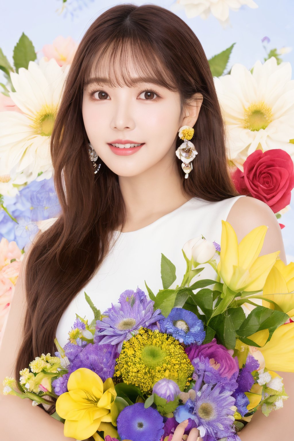 裴希西, 1girl, solo, flower, brown hair, earrings, jewelry, long hair, smile, yellow flower, bouquet, looking at viewer, pink flower, brown eyes, blue flower, floral background, upper body, sleeveless, realistic, lips, orange flower, purple flower, rose, bangs, dress