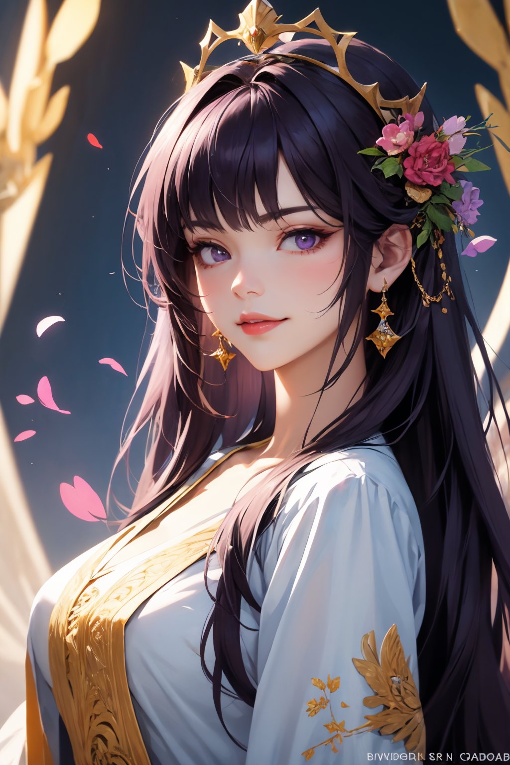 (masterpiece, best quality), intricate details, beautiful girl, purple hair, blunt bangs, light purple eyes, sharp jawline, Fairy queen crowns with cascading flowers, long hair, lips, upper body, smirk