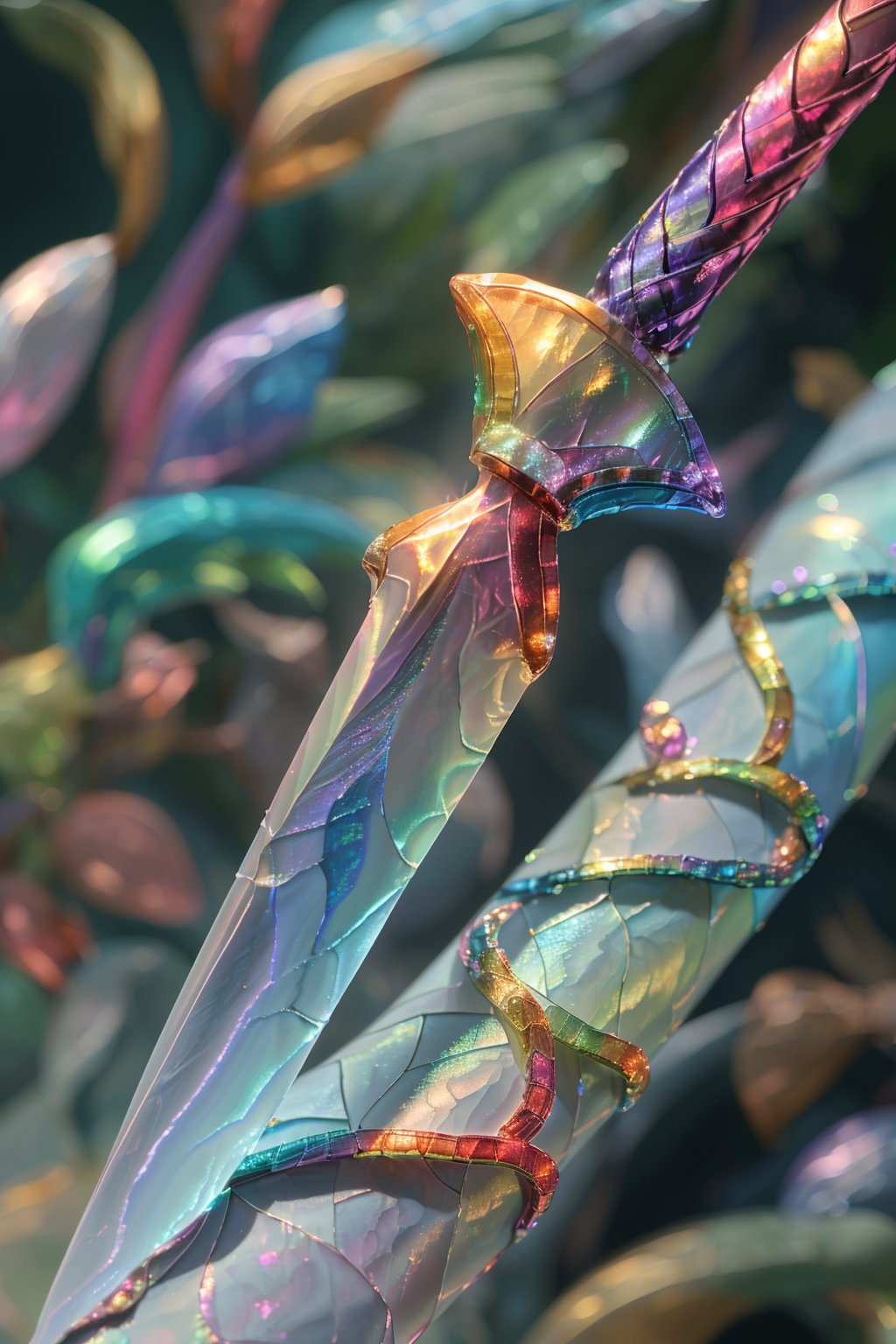 Rainbow foil,sword,blurry,depth of field,gem,scales,<lora:Rainbow:0.6>,