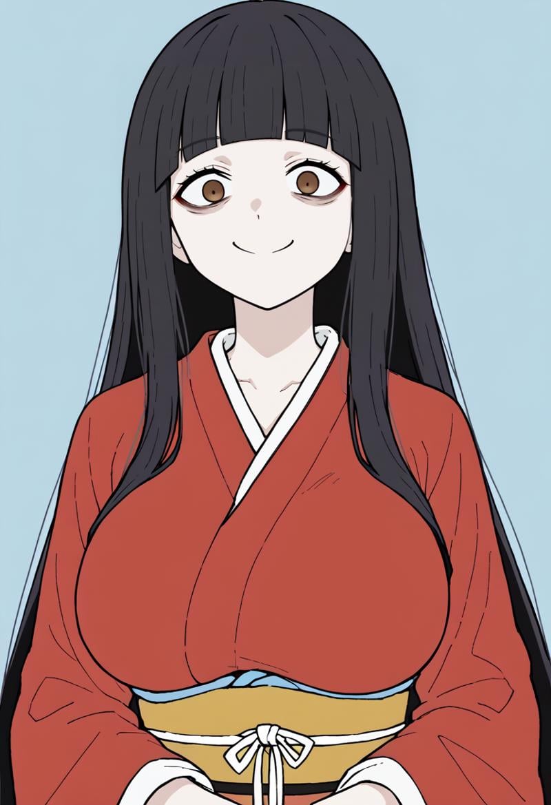 <lora:FlatColor:1.2> flat color, 1girl, solo, brown eyes, pale skin, long hair, hime cut, black hair, constricted pupils, red kimono, large breasts, upper body, smile, looking at viewer,light blue background, simple background