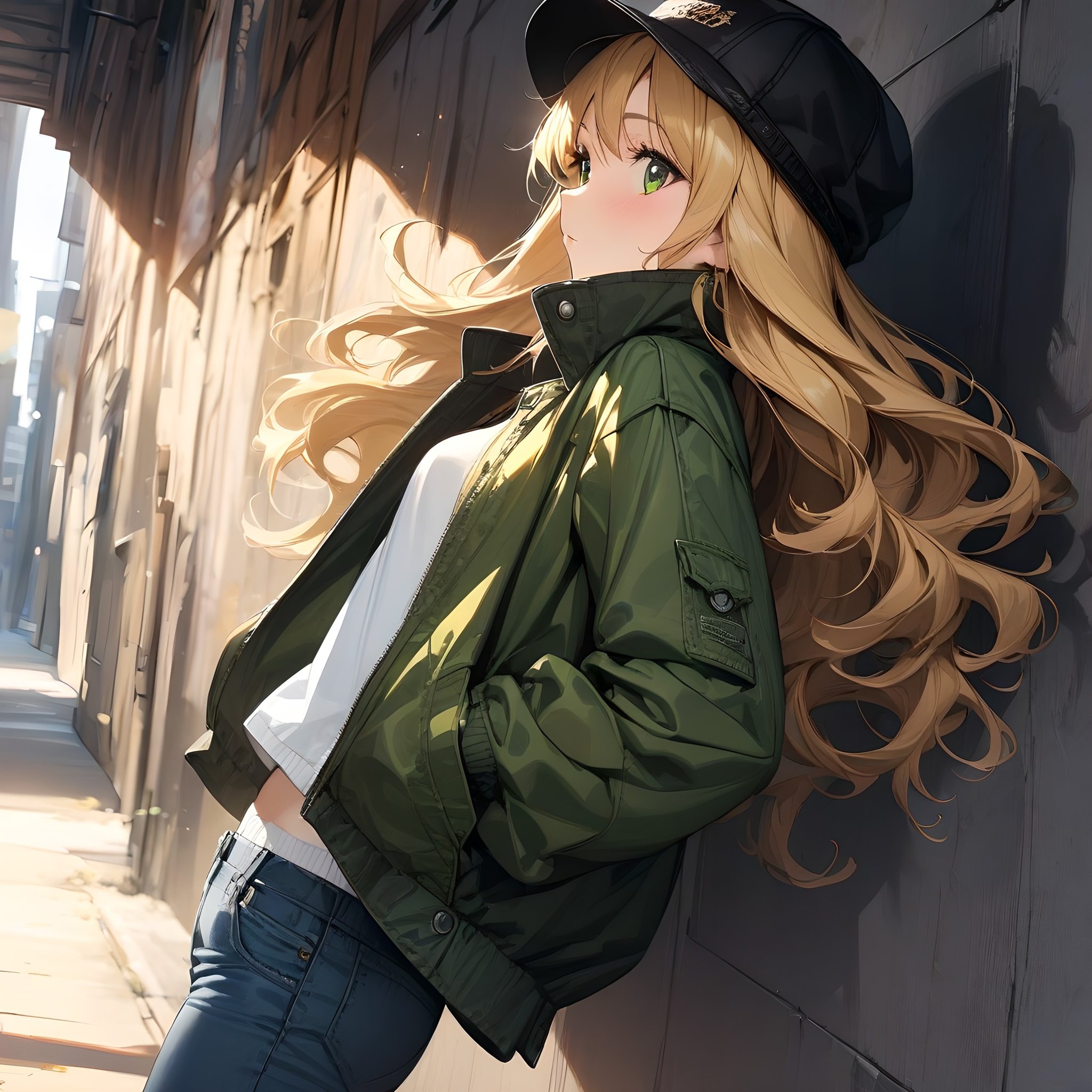 (masterpiece),(best quality),(ultra-detailed),(best illustration),(best shadow),(absurdres),(detailed background),(very aesthetic), hoshii_miki, 1girl, long hair, solo, blonde hair, hat, jacket, green eyes, pants, open jacket, hands in pockets, open clothes, black headwear, shirt, from side, denim<lora:Hoshii_Miki:1>