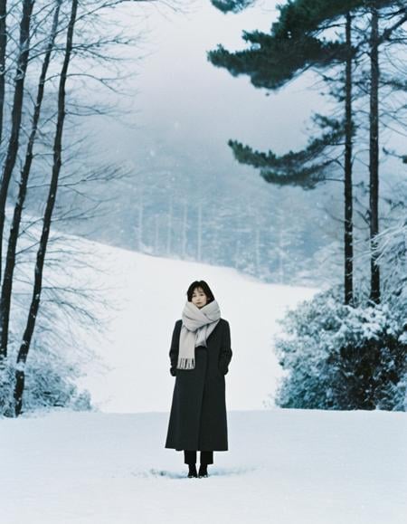a woman standing in the snow with a scarf,song hye - kyo,frequency indie album cover,forest in background,by Sadamichi Hirasawa,atmospheric and depressed,miyazaki film,chairlifts,longcoat,best shot,incredibly absurdres,reality,<lora:neg4all_bdsqlsz_xl_V7:1>,<lora:DetailedEyes_xl_V2:1>,