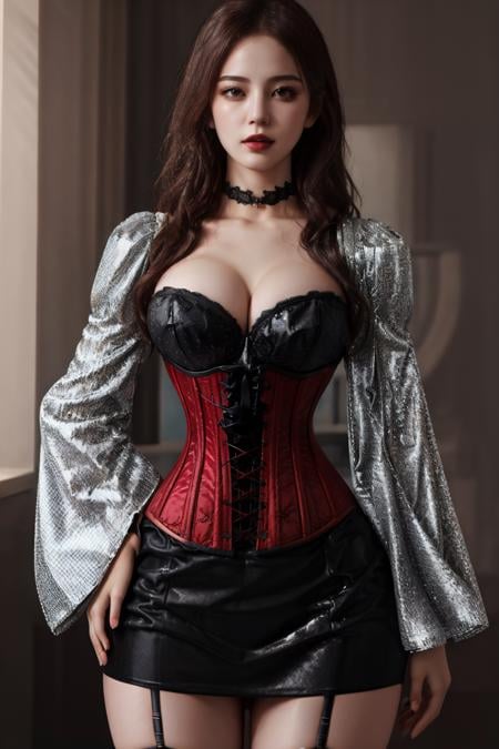 ((best quality)),absurdres,(ultra high res), a woman in a corset-style mini dress with statement sleeves, posing for picture, perfect female body, extremely detailed, (realistic), (8k), (Masterpiece), (realistic skin texture), <lora:corset:0.85>