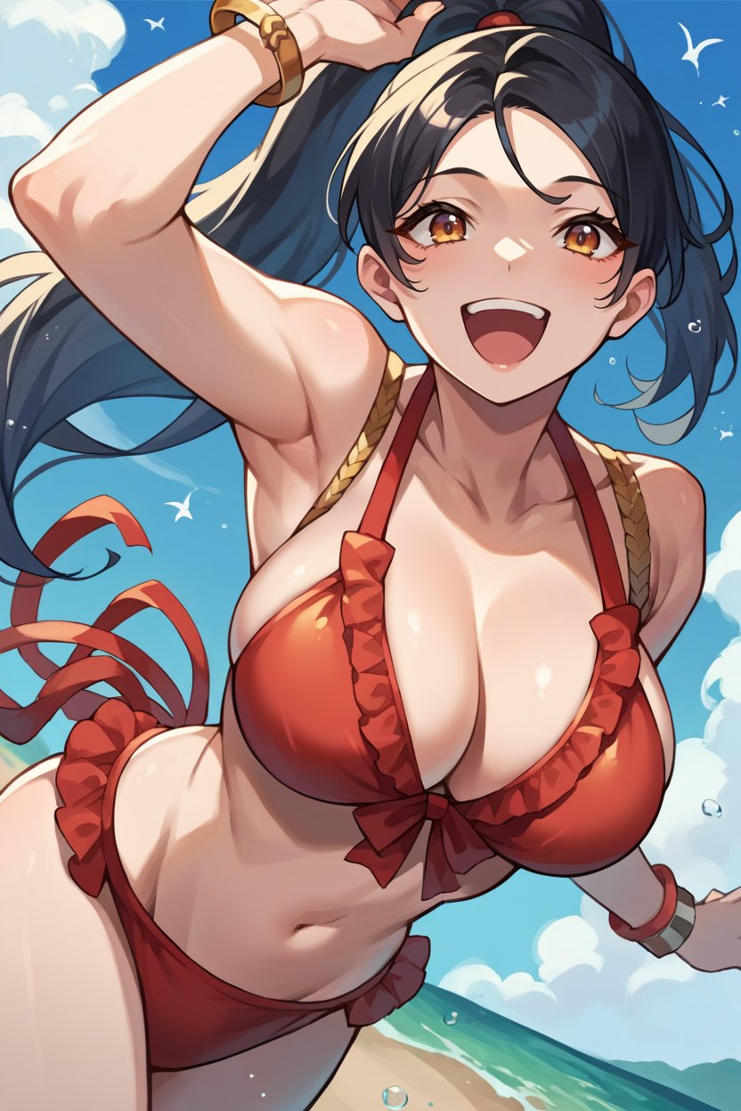 score_9, score_8_up, score_7_up, score_6_up, source_anime, BREAK 1girl, solo  <lora:doamomiji-pdxl-nvwls-v1-000005:1> doaMomiji, black hair, ponytail, red bikini, frilled bikini, large breasts, beach, happy, open mouth, blue sky, bracelet