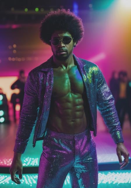 Male focused raw photo, upper body, disco, (80s, retro:1.1), dance floor, lasers, rainbow theme, a dancer man, 30 years old, sunglasses, big afro, (manly, wide jaw:1.2), dark skin, sparkly jacket, golden shirt, (vibrant colors:0.9), film grain, bokeh, fashion magazine, hdr, highly detailed photography, (muted colors, cinematic, dim colors, soothing tones:1.2), vibrant, insanely detailed, hyperdetailed, (dark shot:1.2), (vsco:0.3), (intricate details:0.9), (hdr, hyperdetailed:1.2), dancing, (smirk:0.7), disco pants, realistic, masterpiece, intricate details, detailed background, depth of field, dynamic pose