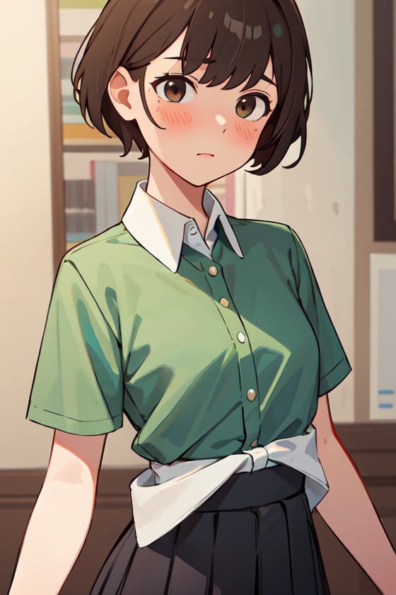 masterpiece,best quality,upper body,1girl,collared_shirt and flared_skirt as material3,green theme,colored pencil \(medium\),head out of frame,brown hair,small breasts,+ +,light blush,blurry foreground