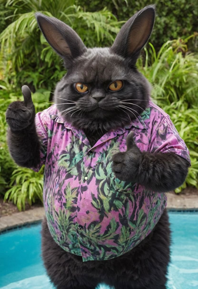 Big lebowsky film Style photography, Closeup, thumb-up, a fluffy obese black Cheshire Cat in vibrant colorful hawaiian shirt wearing a hr giger inspired bunny-mask, glasses, smokey Haze, cool, flamboyant, Pool and 70s Garden in background, thumb up pose,very detailed, hd, RAW photograph, masterpiece, top quality, best quality, official art,highest detailed, atmospheric lighting, cinematic composition, high quality , (8k, RAW photo, highest quality),