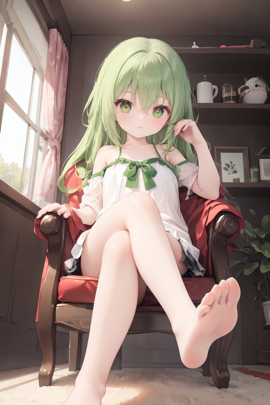 1girl,green hair,solo,long hair,sitting,crossed legs,indoors,looking atviewer,greeneyes,noshoes,chair,legs,bangs,bare shoulders,toes,feet,soles,hair between eyes,from below,<lora:tru-vv1-tga-000004:0.5>,tru-style,