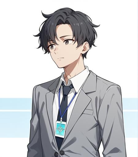 score_9, score_8_up, score_7_up, score_6_up, score_5_up, score_4_up, BREAK, cowboy shot, solo,<lora:sensei-11:1>, senseianime, black hair, collared shirt, necktie, id card, grey suit,