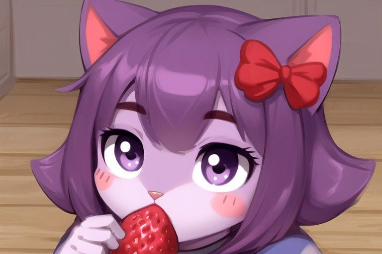 best quality, high detail, full body, masunya eats strawberry, cat ears, purple skin color, hair bow,