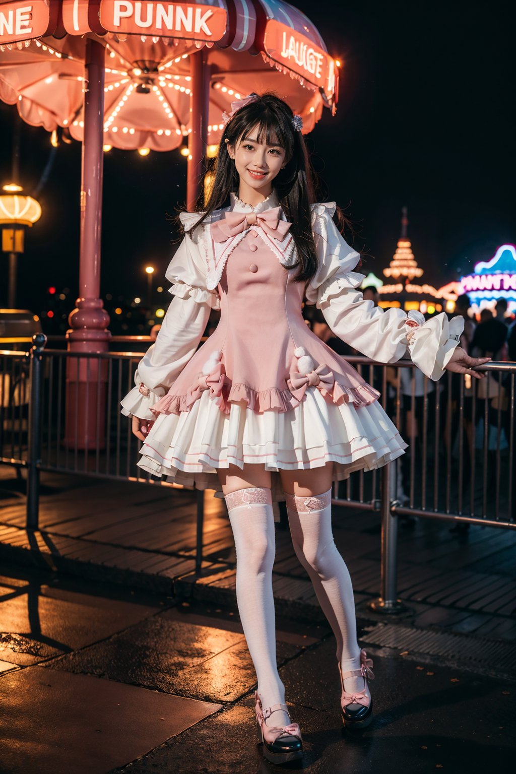 best quality, masterpiece, photorealistic, 1girl, solo, long straight black hair, blunt bangs, looking at viewer, full body, cyb dress, pink dress, long sleeves, puffy long sleeves, bow, white thighhighs, mary janes, amusement park, people, colorful, neon light, <lora:cute_dress_style1_v1:0.7>