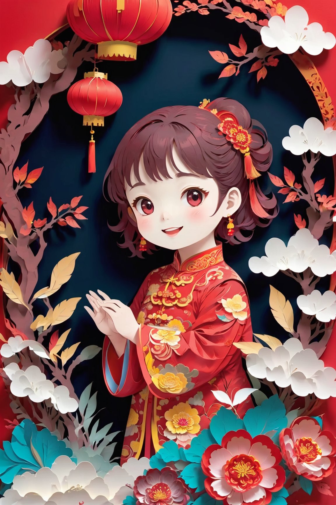 masterpiece,high quality,paper-cut art,nobody, solo,children, Smile, Chinese style, Chinese year, festive