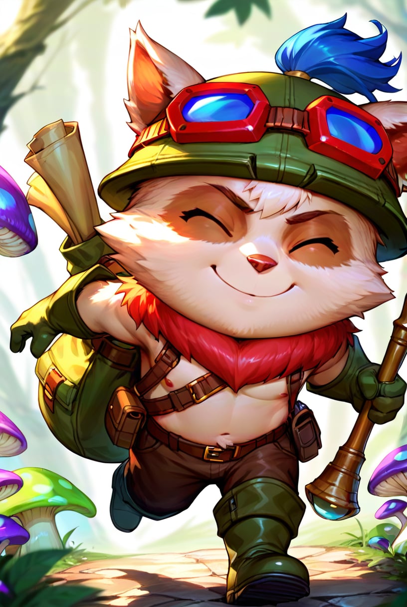 score_9, score_8_up, score_7_up, t33mo, score_9, source_anime, teemo, hat, closed eyes, 1boy, furry, yordle, male focus, goggles, goggles on headwear, brown pants, pants, belt, boots, gloves, green headwear, bag, furry male, mushroom, <lora:Teemo_default_v1:0.75>, happy,leaning forward