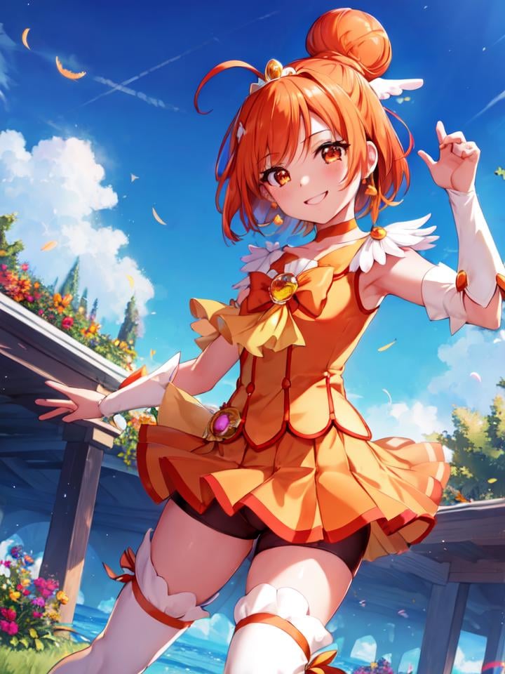 masterpiece, best quality, looking_at_viewer, depth_of_field, smile,1girl, <lora:locon_cure_sunny_1:0.9>, cure sunny, feather hair ornament, single hair bun, ahoge, tiara, white thigh boots, bare arms, ribbon, bowtie, orange short shorts, shorts under skirt, 