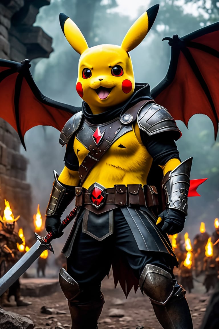 A photo of a (menacing demon pikachu lord:1.3), (curved horns:1.2), piercing Darth Vader red eyes, luminous yellow hair, (grinning skull-like face:1.0), muscular build, (pointing directly at viewer:1.2), surrounded by an army of (ghouls and Dragon mens figures:1.1), flickering candlelight, exterior battle camp setting, (ominous soldier with rifle:1.1), atmospheric dread, gothic horror theme, Sony A7R IV, 1/60s, f/2.8, ISO 1000, cinematic composition, HDR imaging, detailed textures, macabre mood, RAW photography, professional grade,photography in the style of Labirynth movie, close up of (awful) and (sweet) creature with sword stained with (blood), in a gigant ancient and ruined labirynth ,fantasy,hyper detailed, real skin imperfections, hard lighting, bokeh, ((curi:1.2))armor Dragonian