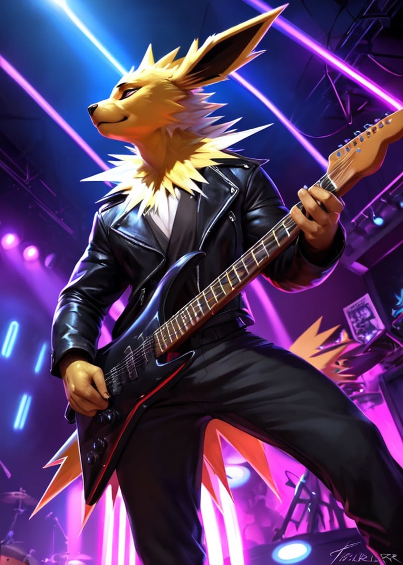 (by Taran Fiddler, by Allatir, by Zhelong Xu),(((jolteon))), (three-quarter view, low-angle view, half-length portrait:1.25),(black pants, black fur jacket:1.2),BREAK,(heavy metal rock band, nightclub, electric guitar:1.25), (spot light, neon light, thunder effect, energy effect),(detailed background, depth of field, half body shadow, sunlight, ambient light on the body),masterpiece, best quality, 4k, 2k, (intricate:0.9), (high detail:1.25), absurd res