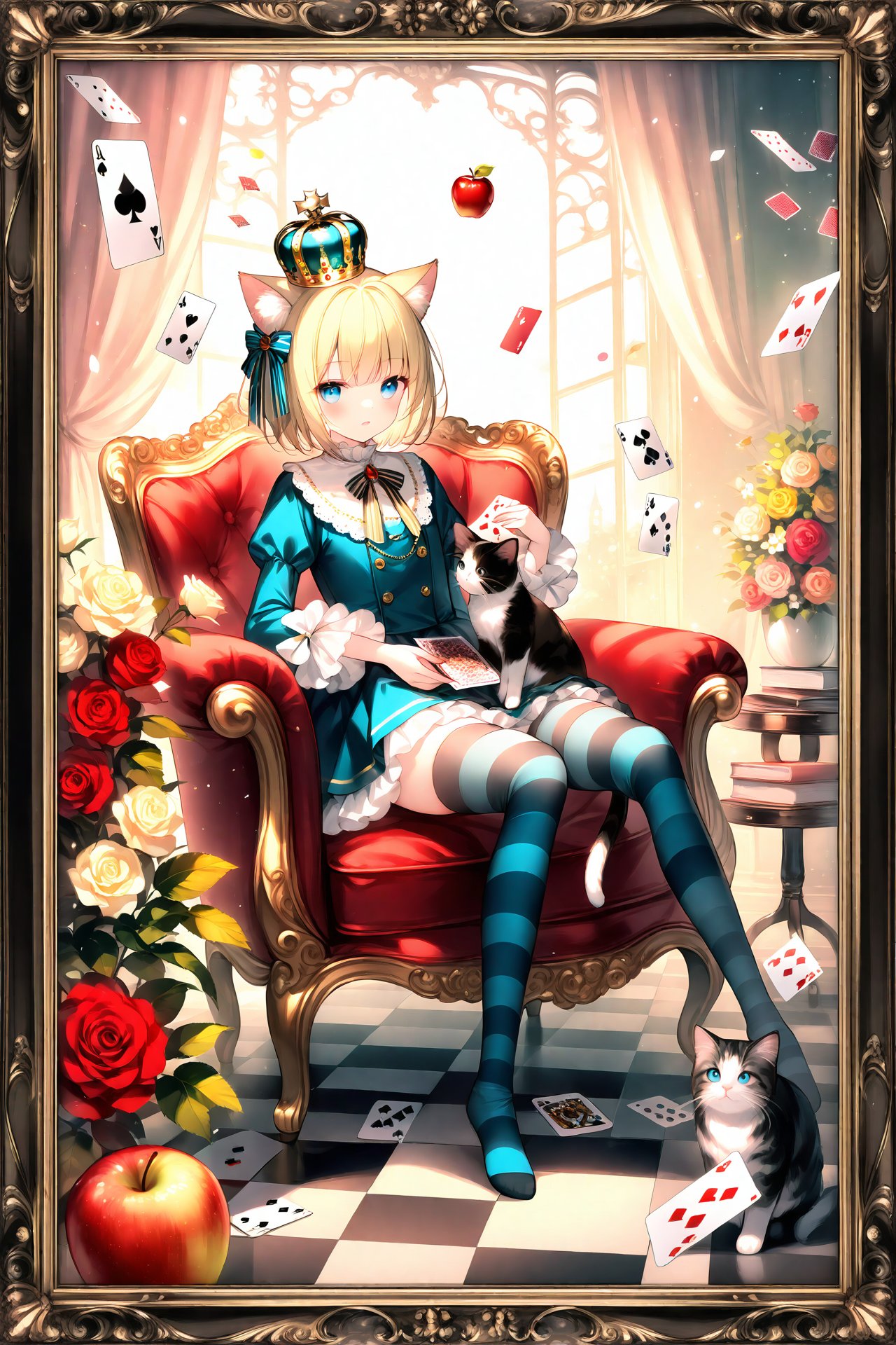 masterpiece,best quality,high quality,(colorful),blonde hair,card,food,1girl,flower,solo,striped clothes,animal ears,book,rose,short hair,cat,sitting,playing card,blue eyes,checkered floor,thighhighs,fruit,cat ears,floating card,striped thighhighs,chair,apple,pantyhose,hat,crown,