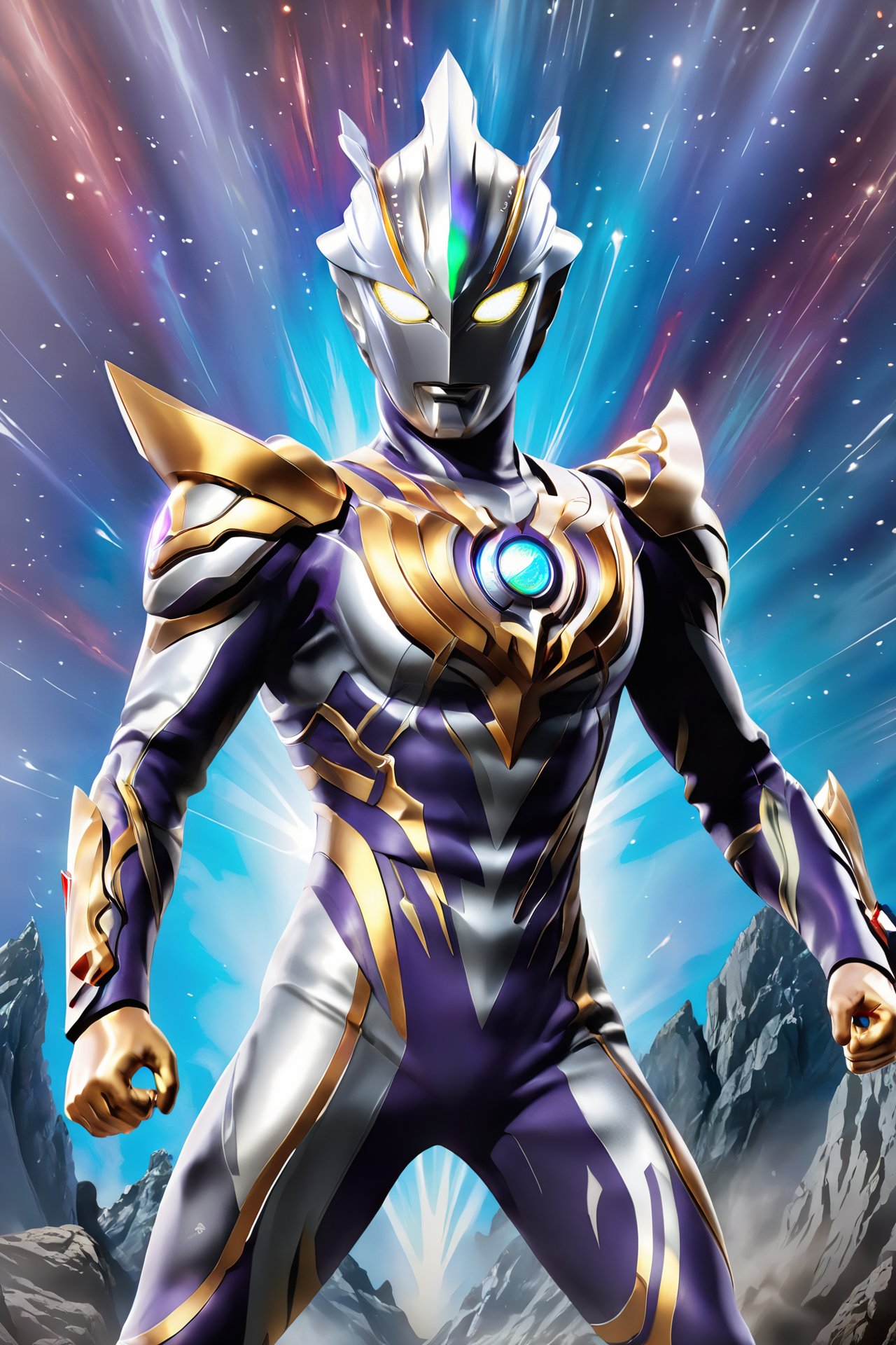 Ultraman, Cosmic Guardian, Light Bringer, Silver Stature, Bright Eyes, Superpowers, Light Beam Attack, Transforming Warrior, Evil Forces, Combative Challenges, Righteous Conviction, Unyielding Spirit.