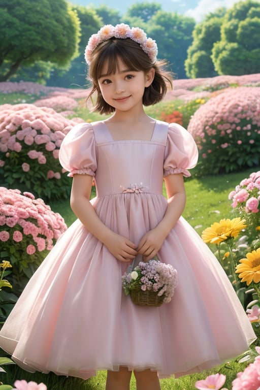 xiaolongmao,1girl,solo,looking at viewer,smile,short hair,brown hair,dress,holding,standing,flower,short sleeves,outdoors,sky,day,puffy sleeves,puffy short sleeves,pink dress,realistic,holding flower,field, <lora:xiaolongmao:0.6>,masterpiece,high quality