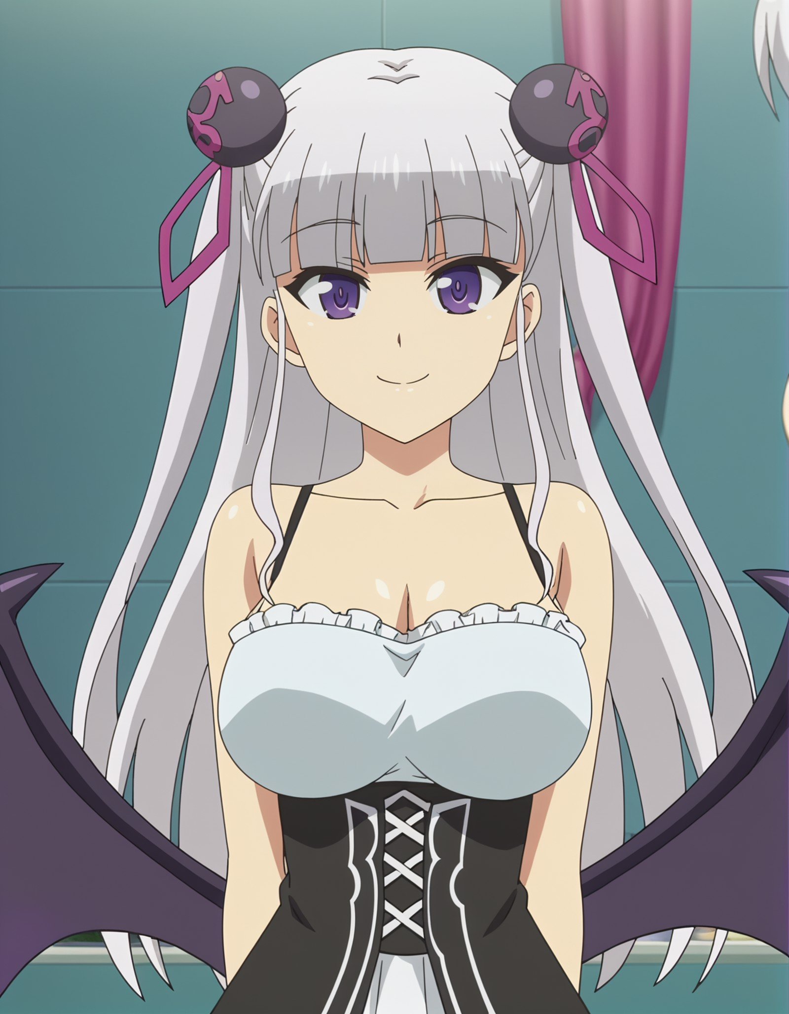 1girl,anime screencap,solo, <lora:MariaNaruse_16XL:0.8> maria_naruse, purple eyes, bangs, white hair,long hair,hair ornament,dress,hands behind back,large breasts, 20 y.o. woman,smile,demonic wings,succube