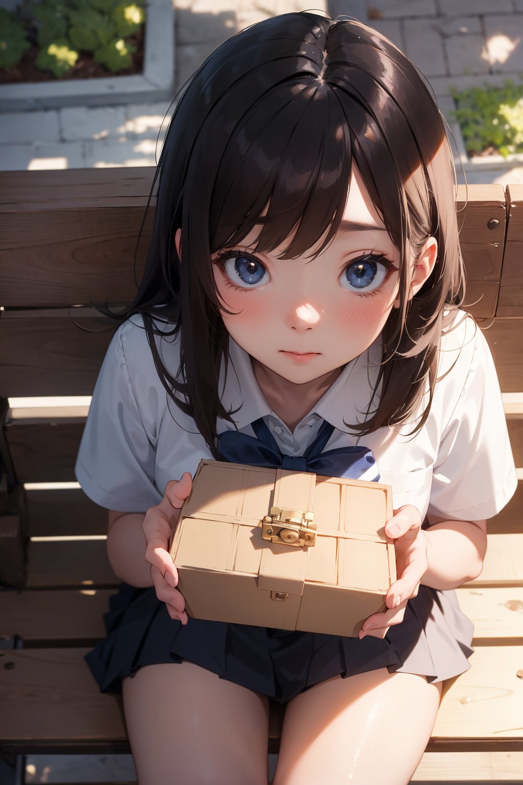 ((masterpiece)), ((best quality)), 8k, soft lighting, warm lighting, absurdres,Portrait of cute female wearing school uniform siting on a bench alone outside school holding bento box looking at viewer (nervous:1.2) (from above:1.2)