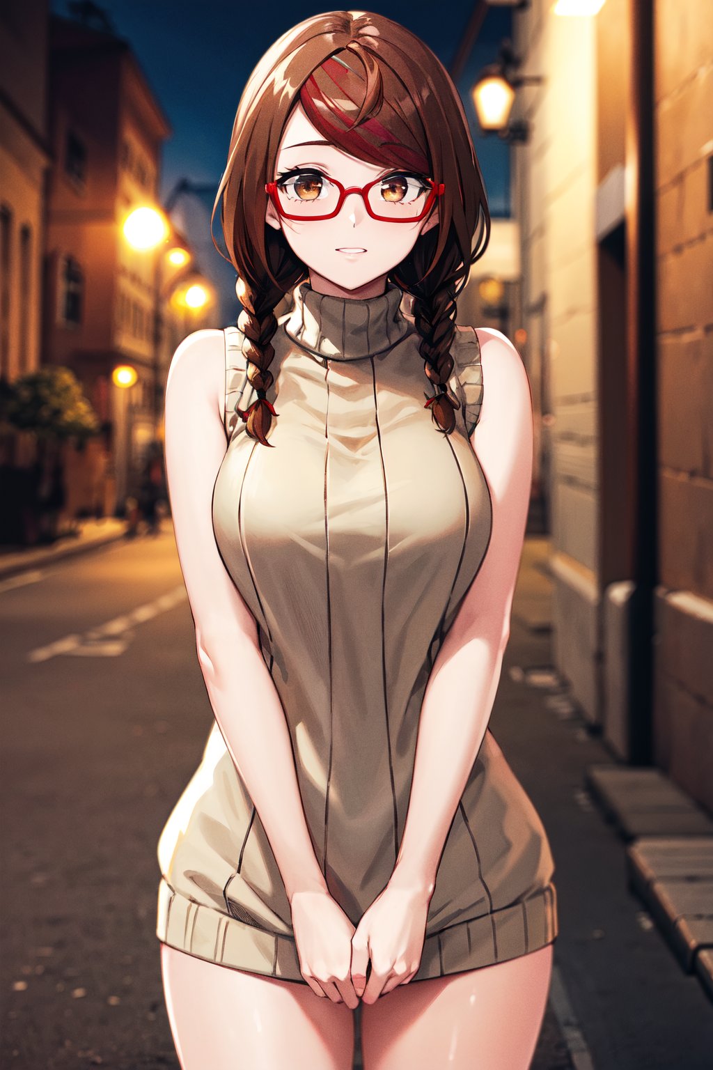 masterpiece, best quality, highres, aamisaki, twin braids, multicolored hair, brown eyes, red-framed eyewear, <lora:sakimiya_misaki_v1:0.7>, sweater dress, sleeveless, night, standing, cowboy shot, street, bare arms, 