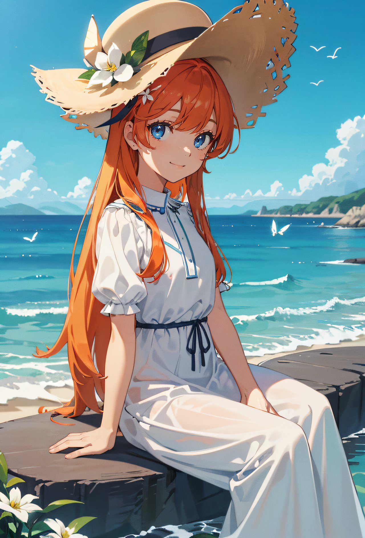 girl, outdoors, solo, flower, blue eyes, long hair, looking at viewer, long dressï¼Œhat, ocean, dress, sitting, white flower, sky, bug, hat flower, day, bangs, butterfly, water, long sleeves, blue sky, rock, cloud, orange dress, blonde hair, horizon, orange headwear, hair ornament, closed mouth, smile, hair flower, short sleeves, looking to the side, bird, scenery, mountainous horizon, red headwear, white dress, (masterpiece, best quality, hires, high quality, by professional artist, ultra detailed, extremely detailed, absurdres, incredibly resolution:1.2), good hands, perfect hands, <lora:GoodHands-beta2:1>