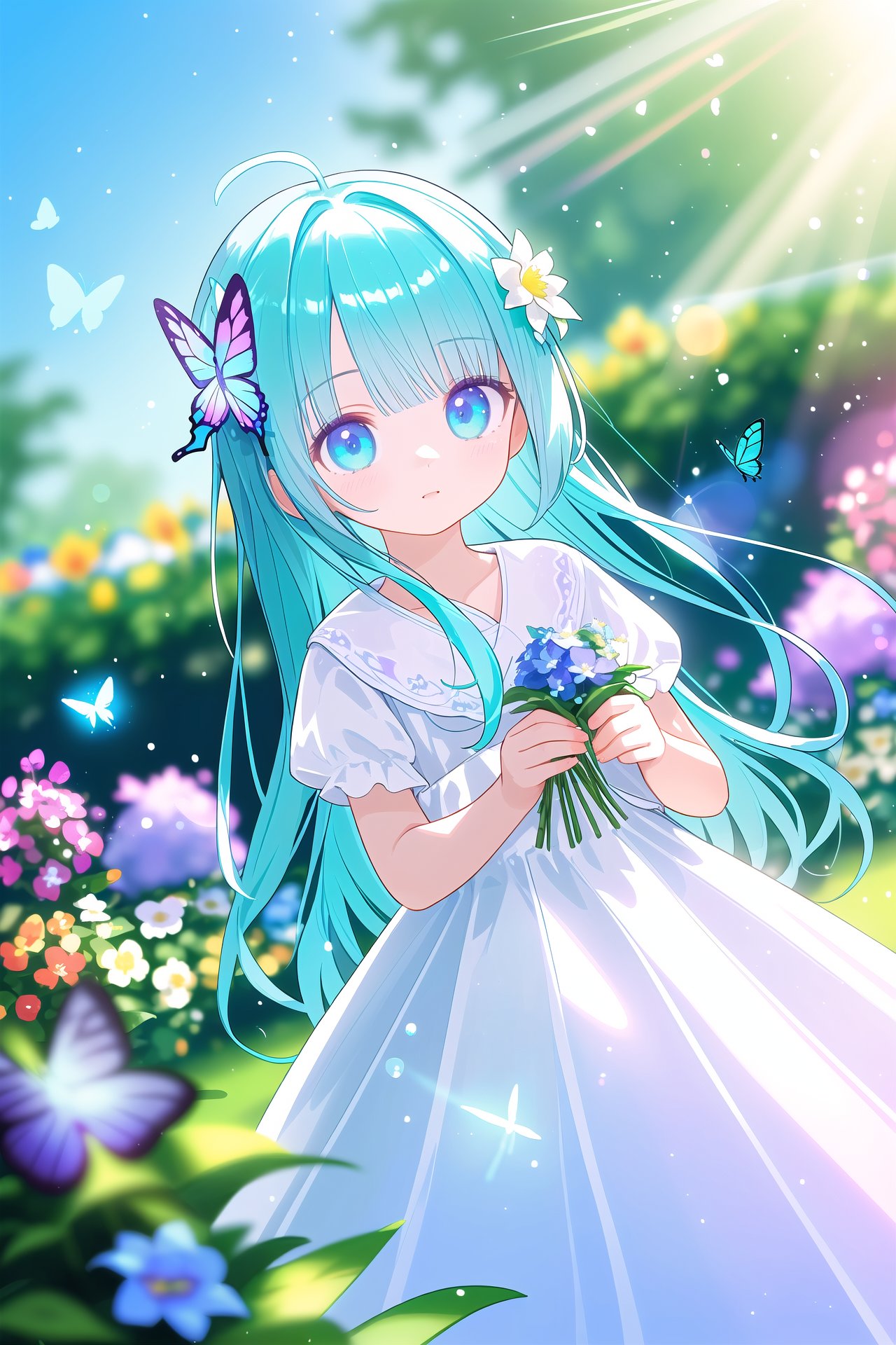 masterpiece,best quality,wide shot,(depth of field),global illumination,soft shadows,backlight,lens flare,((colorful refraction)),((cinematic lighting),looking outside,with butterfly,1girl with lightblue long hair and blue aqua eyes,hair flowers,hime cut,sunlight,blurry background,blurry,garden,White Dress,Purple flowers,Fluttering hair,