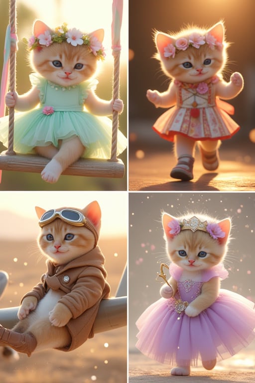 This photo is a digital collage featuring an extremely adorable kitten. The four pictures showcase the kitten in various engaging scenarios. The first picture shows the kitten wearing a mint green tutu with white polka dots and a flower crown, sitting on a swing **** of ribbons, bathed in soft golden light. The kitten's expression is one of calm serenity (eyes half-closed), (front view). The second picture shows the kitten strutting on a stage in a colorful circus outfit with a red nose and big floppy shoes, under the bright stage lights. The kitten's eyes are full of excitement and it has a wide grin on its face (showing tiny teeth), (side view). The third picture shows the kitten wearing a brown aviator jacket with goggles and a scarf, sitting on the wing of an old airplane in a desert setting with the sun setting in the background. The kitten looks contemplative (frowning slightly), (three-quarter view). The fourth picture shows the kitten in a purple and silver princess dress with a tiara and a wand, floating in a cloud of glitter. The kitten's expression is one of pure joy and it is laughing heartily (open-mouthed laugh), (overhead view), super realistic, photography, super details.