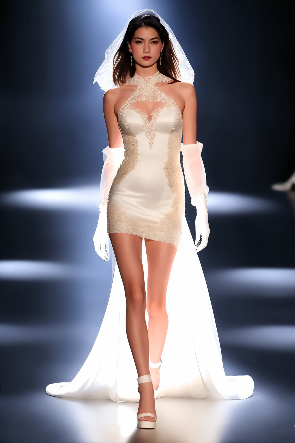 1girl,wedding dress,black hair,dress,bare shoulders,jewelry,full body,white dress,see-through,ring,walking,realistic,simple background,stage lighting,gloves,<lora:lbc_wedding_dress_v1.0-000006:0.8>,