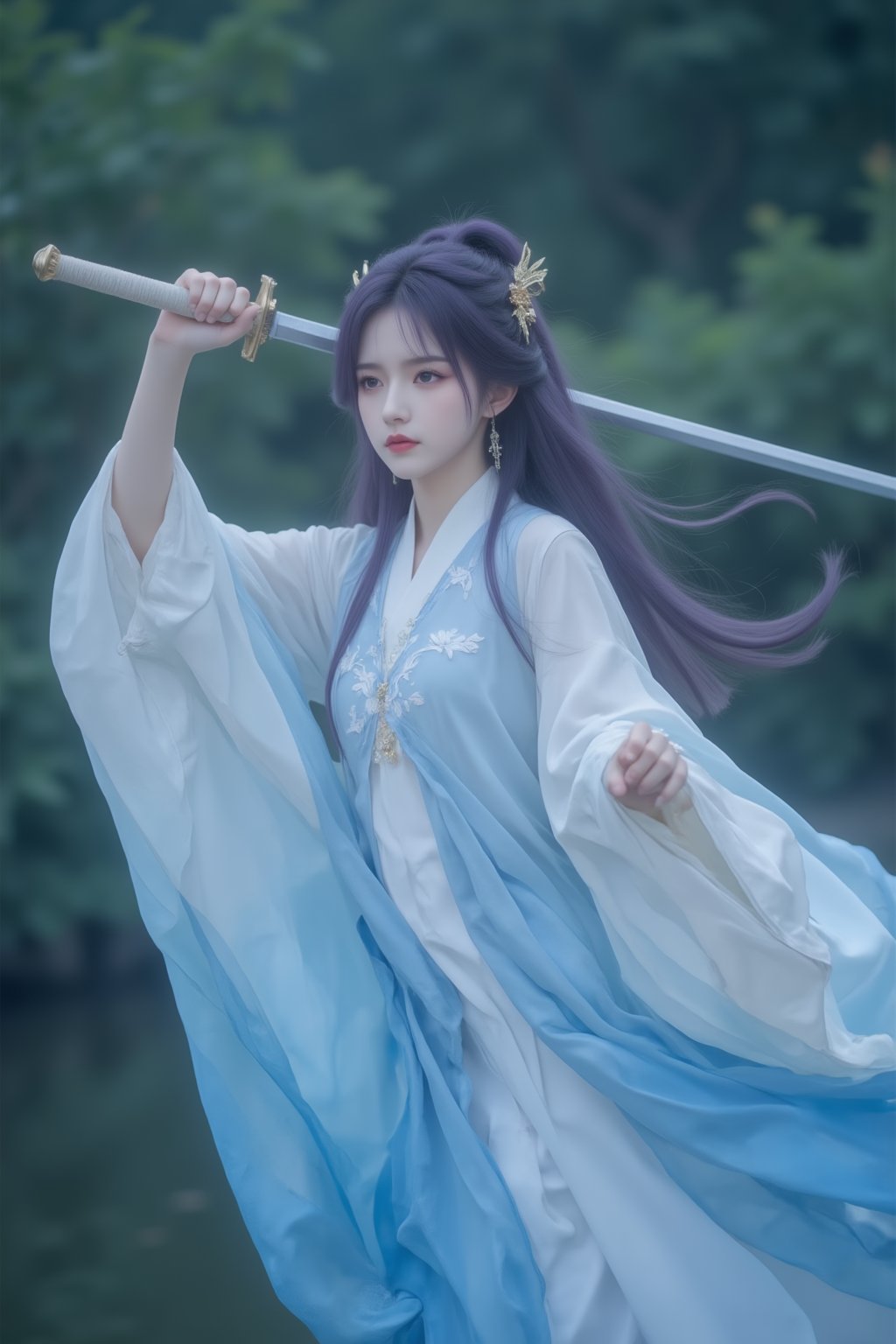 1girl, wuxia, ethereal woman in traditional chinese attire, flowing white and blue hanfu, long purple hair adorned with gold hairpins, poised with a sword, misty forest background, serene and mystical atmosphere, soft lighting, delicate and poised expression, intricate embroidery on her robe, medium shot, dreamy and mystical mood.<lora:天穹长老2.0:0.8>