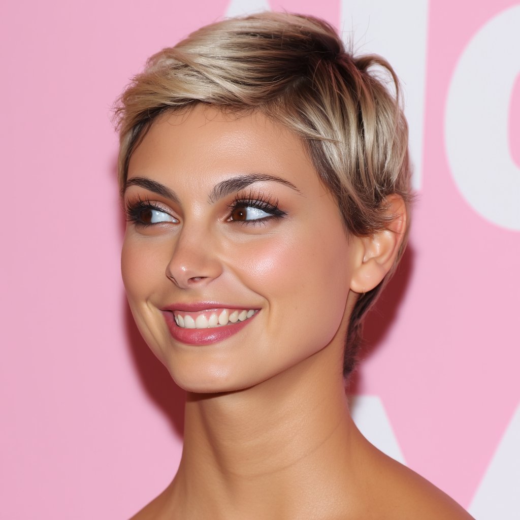 morena_baccarin, The image is a portrait of a woman. The background is a solid pink color. The woman's hair is short and blonde. She has light blue eyes and long eyelashes. She is smiling and looking to the right. Her lips are white and her teeth are showing. She appears to be very pale and her skin is tan. The lighting is soft and natural.