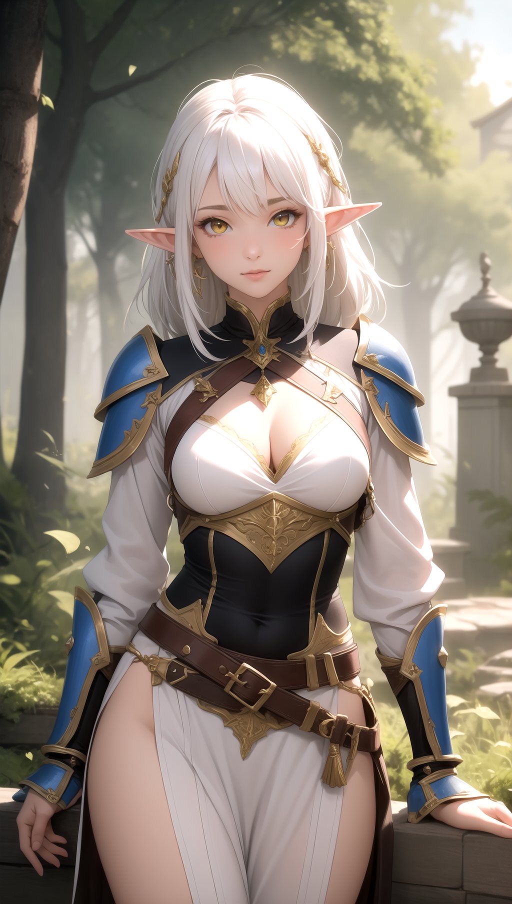 (masterpiece, best quality), 1girl, white hair, yellow eyes, fantasy, village, forest, elf, pointy ear, Elven warrior-inspired leather armor sets, looking at viewer,