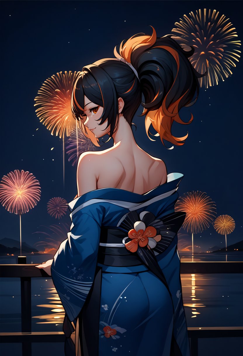 score_9, score_8_up, score_7_up, source_anime, from behind, solo, 1girl, zhuyuan, light smile, looking back, ponytail, orange eyes, japanese clothes, blue kimono, off shoulder, black sash, bare shoulders, fireworks <lora:zzz_zhuyuan_ponyXL:1>