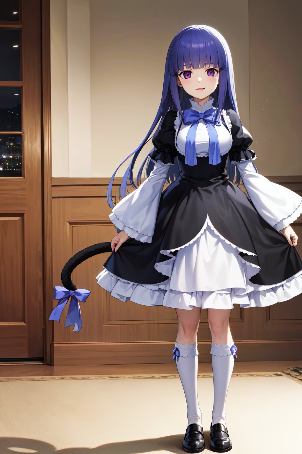 masterpiece, best quality, highres, aabern, long hair, blue hair, blunt bangs, purple eyes, bowtie, frills, black dress, puffy sleeves, short over long sleeves, long sleeves, <lora:frederica_bernkastel_v1:0.7>, tail, tail ribbon, smile, standing