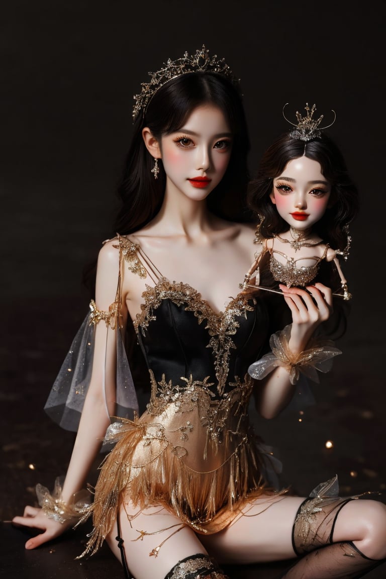 masterpiece,  best quality,  oil painting style,  Marionette,  horror fairy tale, Sparkly dress,<lora:EMS-73426-EMS:1.200000>,<lora:EMS-87127-EMS:0.600000>,<lora:EMS-257739-EMS:0.800000>