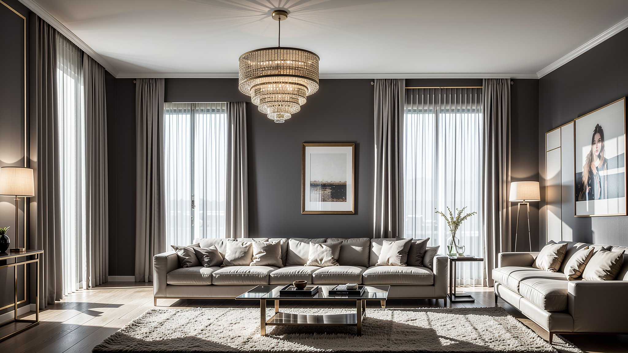 nice lighting, luxury interior, white leather, living room, tufted carpet, bronze wall lights, large glass window with gray drapes, natural light, 4k, realistic